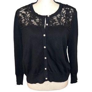 Karl Lagerfeld Pearl Button Black Cardigan w/ Lace Detail